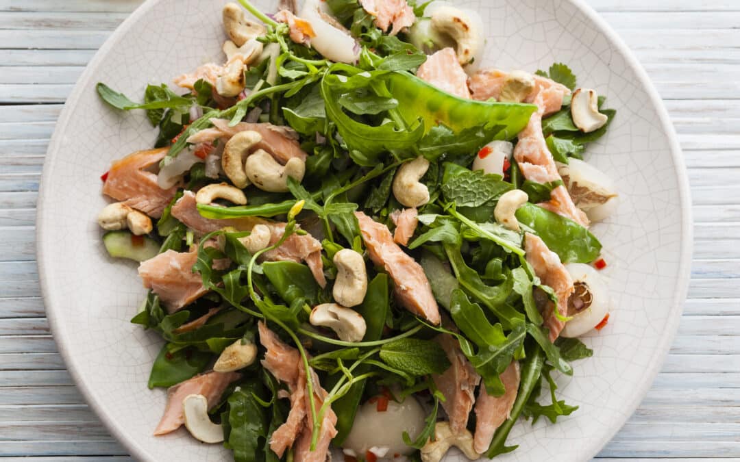 Flaked Trout with Rocket, Lychees and Sweet Lime Dressing